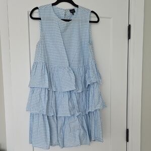 Who What Wear Pale Blue Gingham Tiered Ruffle Dress